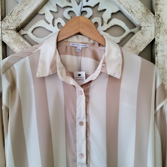 Notations Women Long Sleeve Collar Button Down Shirt Blouse Beige & Cream Stripe - Picture 2 of 5